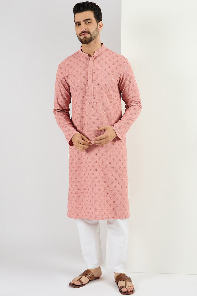 Pink Viscose Rayon Embroidered Straight Kurta With Pant Set MKSET1060
