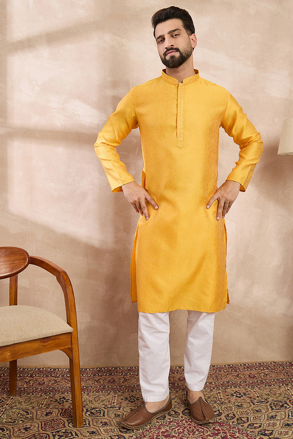Yellow Silk Blend Solid Embroidered Straight Kurta With Trouser MKSET1737