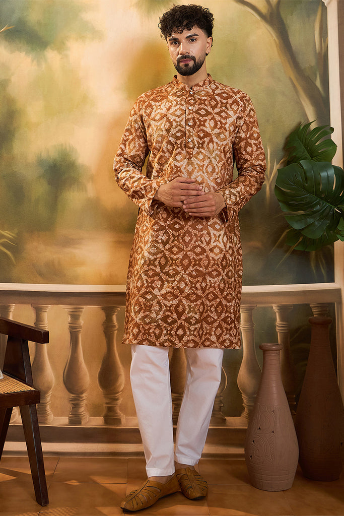 Brown Pure Cotton Batik Embroidered Straight Kurta with Trouser MKSET1461