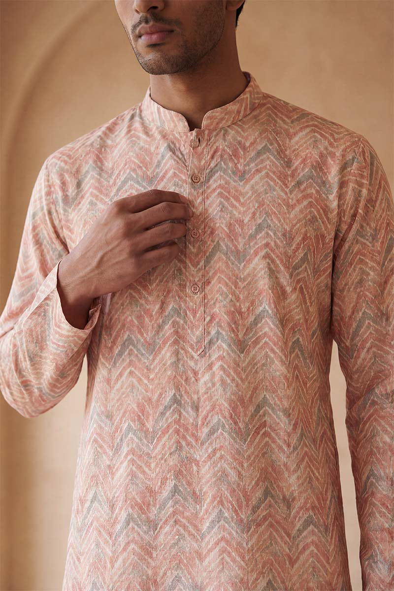Peach Cotton Blend Chevron Embroidered Kurta MKU2069