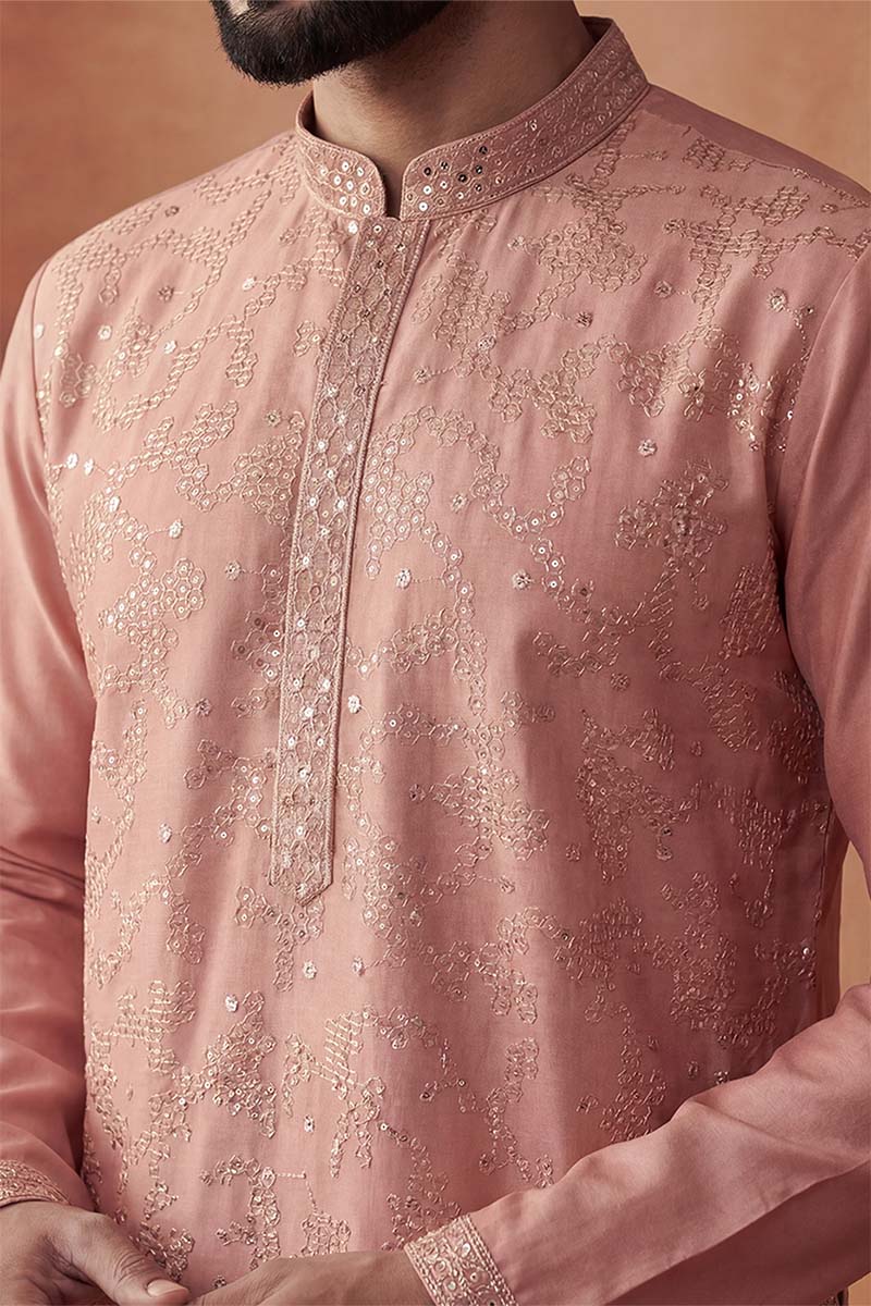 Silk Blend Peach Solid Embroidered Calf Length Straight Kurta With Trousers MKSET2136