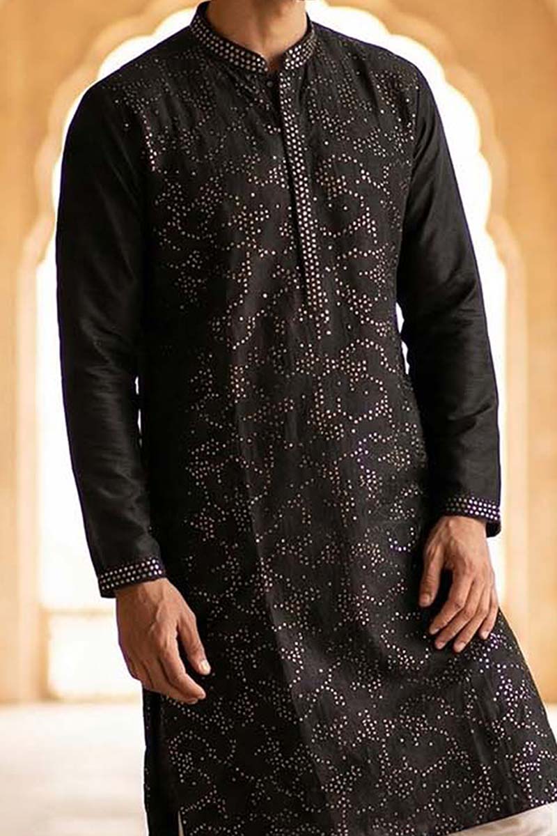 Silk Blend Black Solid Embroidered Calf Length Straight Kurta MKU2128