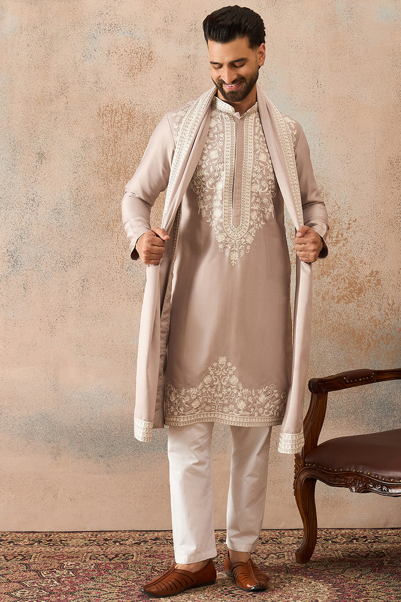 Beige Silk Blend Solid Embroidered Kurta Trouser With Dupatta MKPD1042