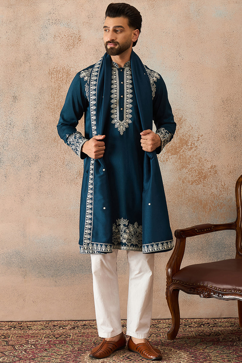 Blue Silk Blend Solid Embroidered Kurta & Trouser With Dupatta MKPD1011