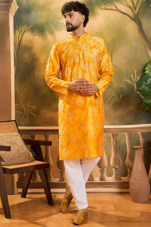 Orange Silk Blend Batik Embroidered Straight Kurta with Trouser MKSET1466