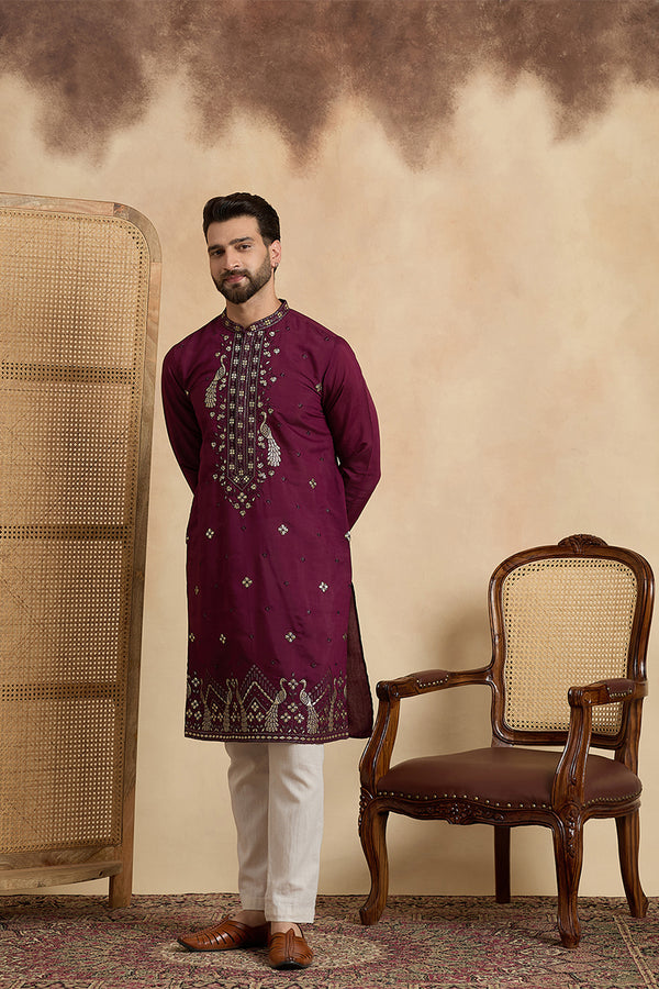 Purple Silk Blend Solid Embroidered Zari Kurta With Trouser MKSET2442
