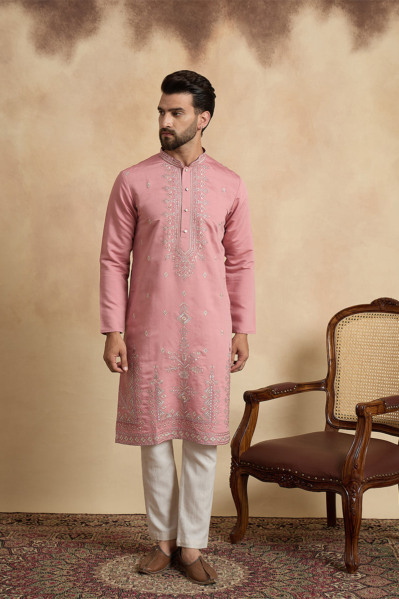 Pink Silk Blend Solid Embroidered Straight Kurta With Trouser MKSET2526