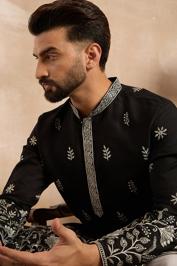 Black Silk Blend Solid Embroidered Straight Kurta MKU1782
