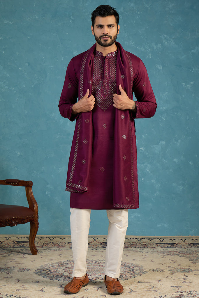 Purple Silk Blend Ethnic Motifs Embroidered Kurta&Dupatta With Trouser MKPD1076