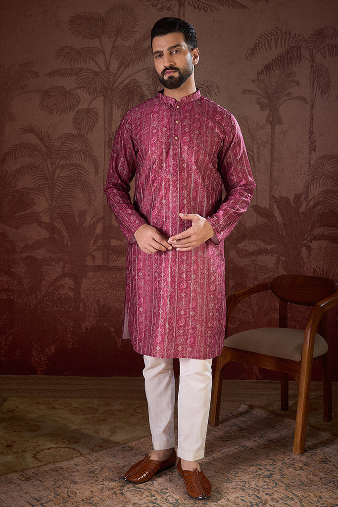 Maroon Silk Blend Ethnic Motifs Printed Straight Kurta With Trouser MKSET1928