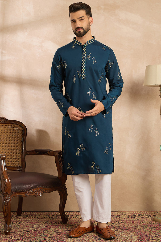 Navy Blue Silk Blend Solid Embroidered Straight Kurta MKU1816