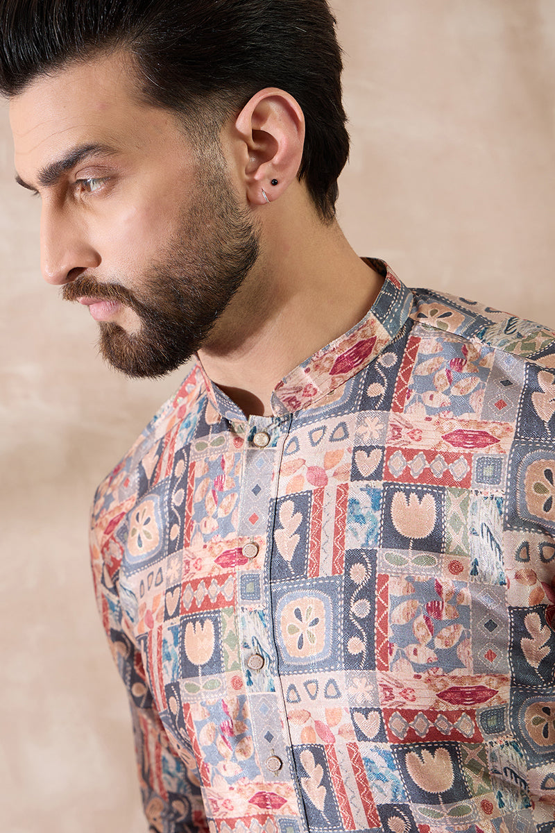 Multi Silk Blend Printed Mandarin Collar Straight Kurta With Trouser MKSET2001