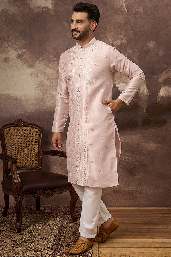 Pink Silk Blend Solid Embroidered Straight Kurta With Pant Set MKSET1362