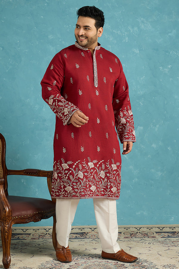 Maroon Silk Blend Solid Thread Work Embroidered Kurta MKU1945