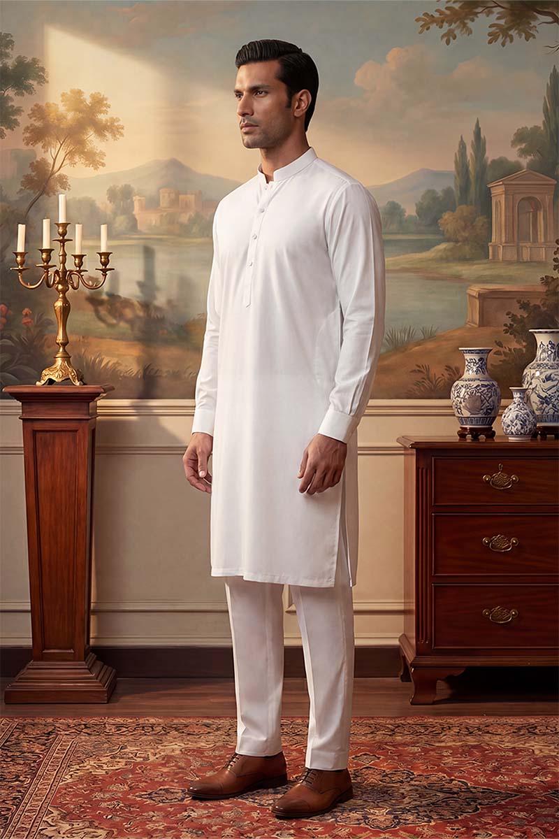 White Silk Blend Solid Solid Kurta With Trousers MKSET2220