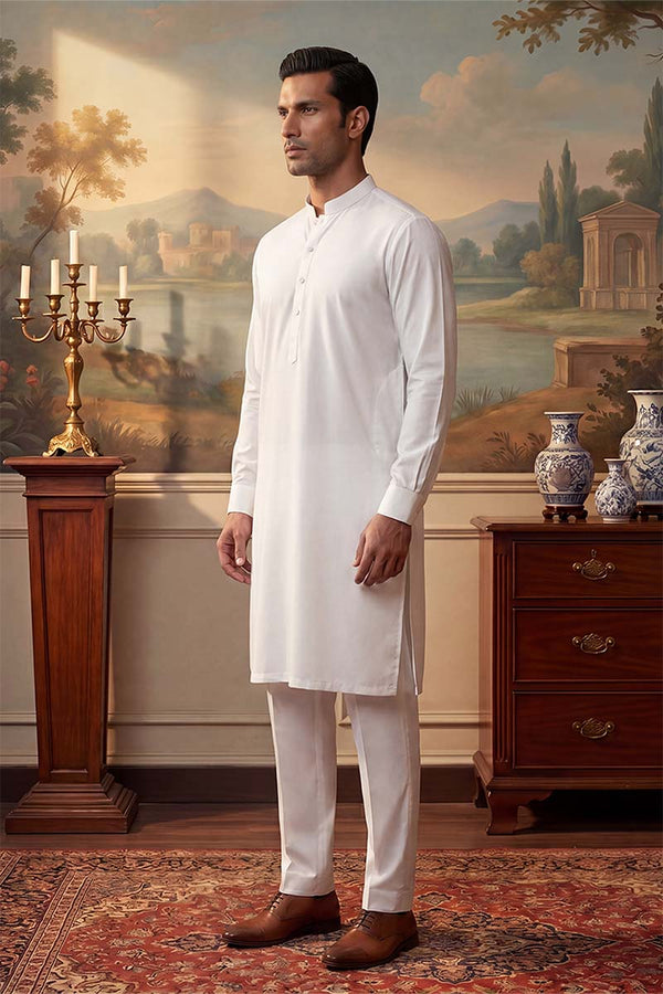 White Silk Blend Solid Solid Kurta With Trousers MKSET2220
