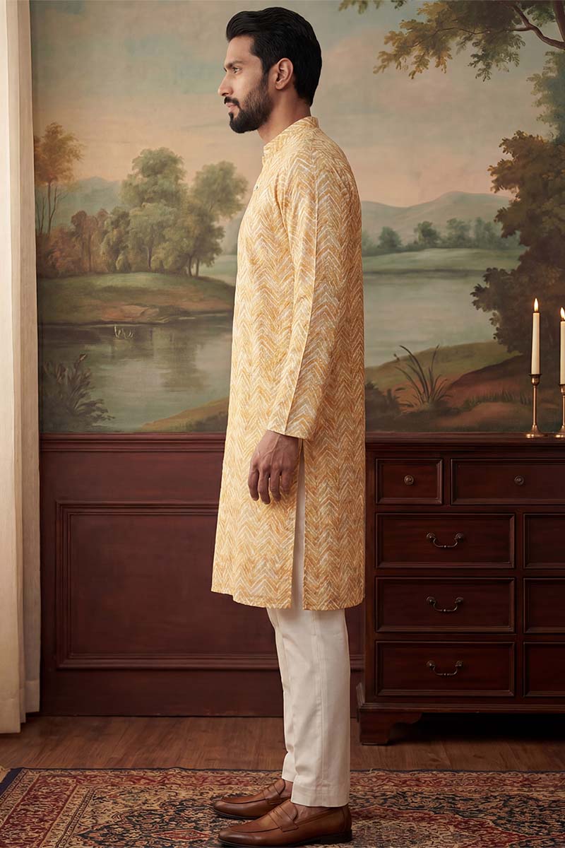 Yellow Cotton Blend Chevron Embroidered Kurta With Trouser MKSET2066