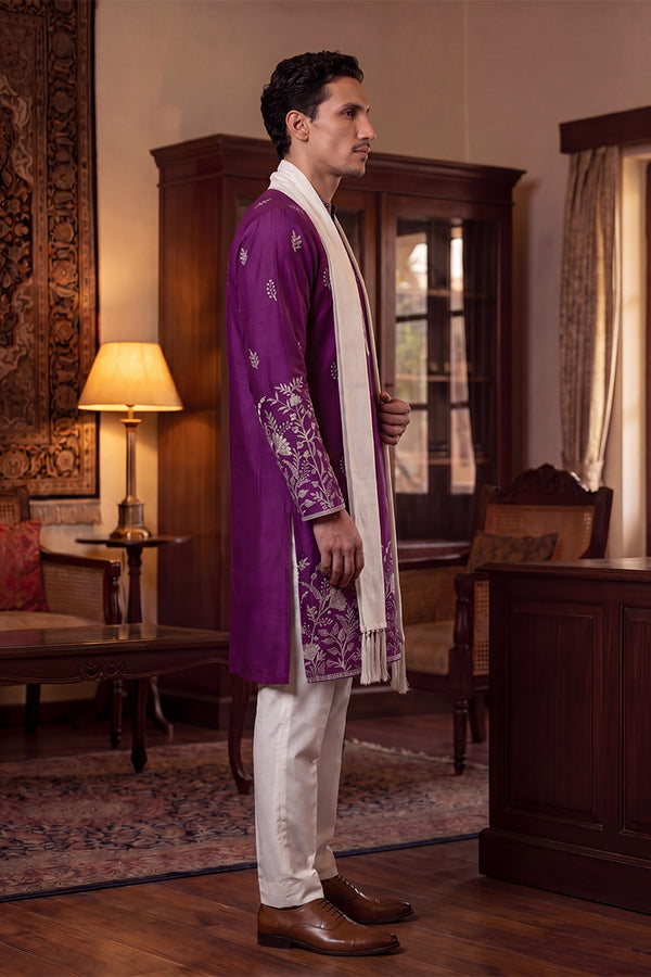 Purple Silk Blend Solid Embroidered Straight Kurta with Dupatta MKUD1944