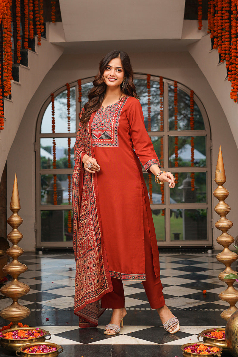 Brown Cotton Blend Ajrakh Printed Straight Kurta Trousers With Dupatta PKSKD3083