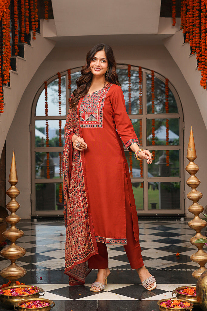 Brown Cotton Blend Ajrakh Printed Straight Kurta Trousers With Dupatta PKSKD3083