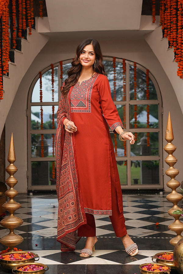 Brown Cotton Blend Ajrakh Printed Straight Kurta Trousers With Dupatta PKSKD3083