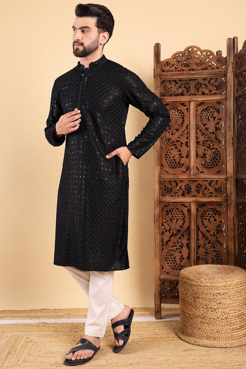Black Viscose Rayon Solid Embroidered Straight Kurta For Men MKU1011BLK