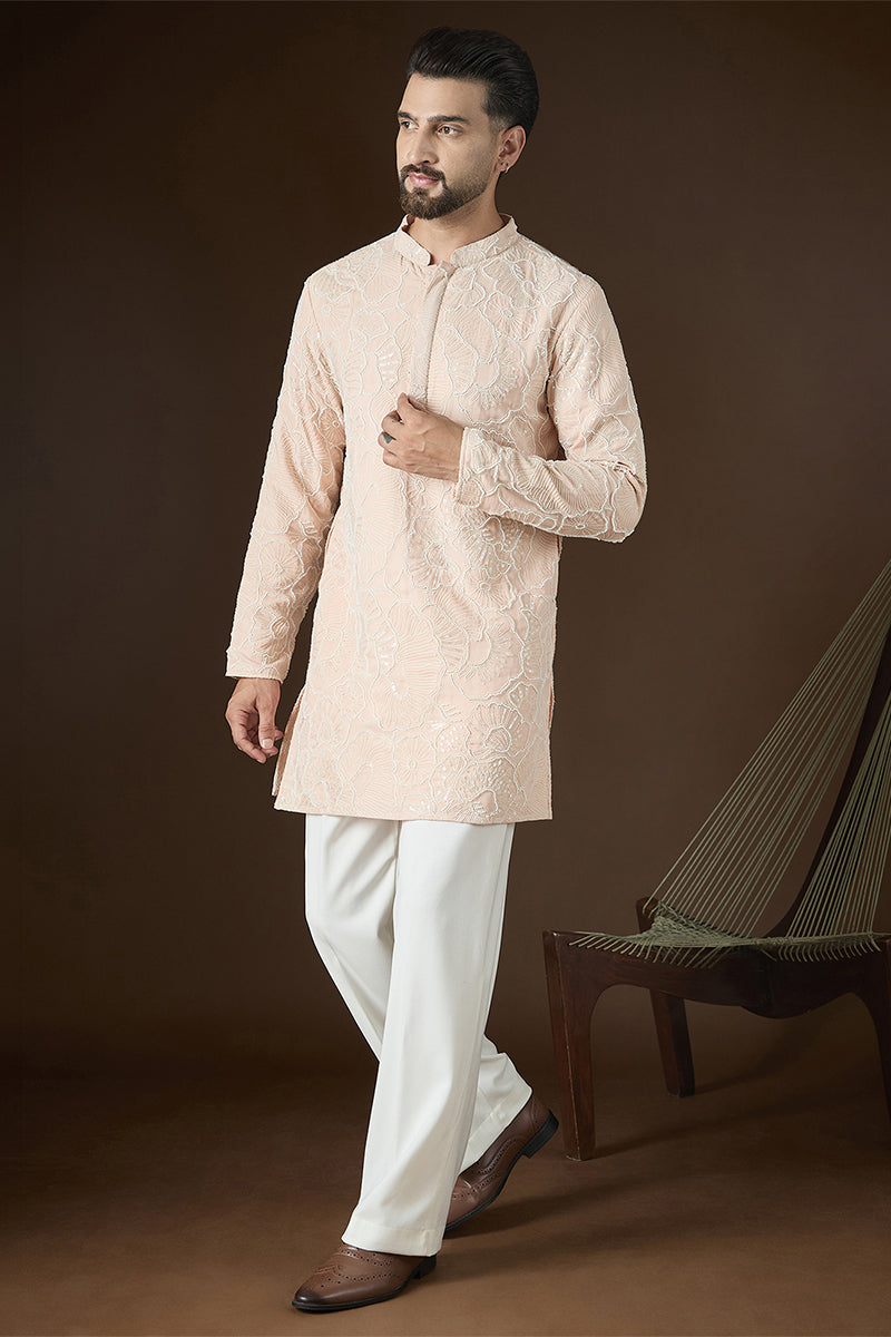 Peach Georgette Solid Embroidered Kurta MKU2731