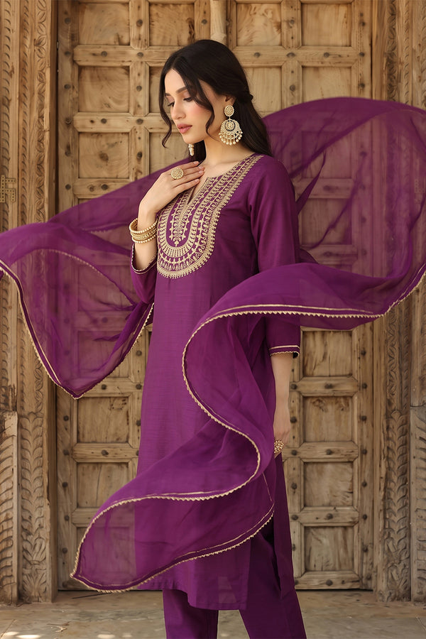 Silk Blend Purple Embroidered Straight Kurta Pant With Dupatta PKSKD1807