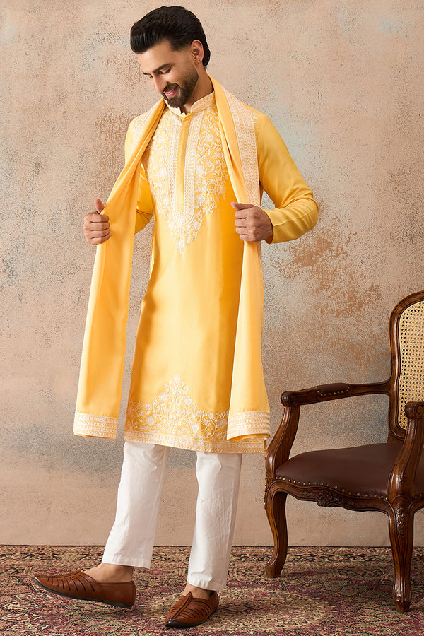 Yellow Silk Blend Woven Design Floral Straight Kurta with Dupatta MKUD1037