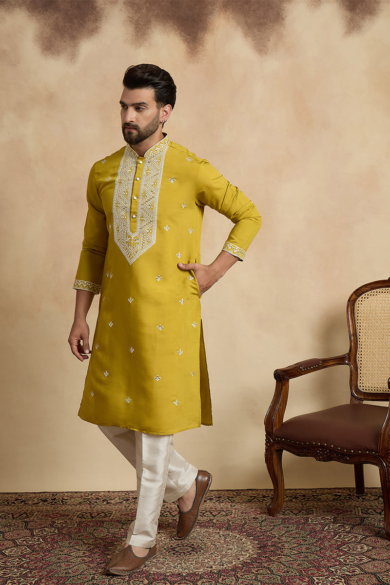 Yellow Silk Blend Solid Embroidered Kurta With Trouser MKSET2412