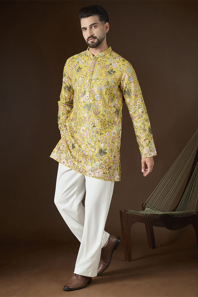 Yellow Georgette Solid Embroidered Kurta With Trouser MKSET2714