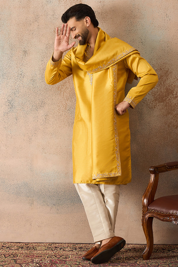 Yellow Silk Blend Solid Embroidered Kurta With Dupatta MKUD1022
