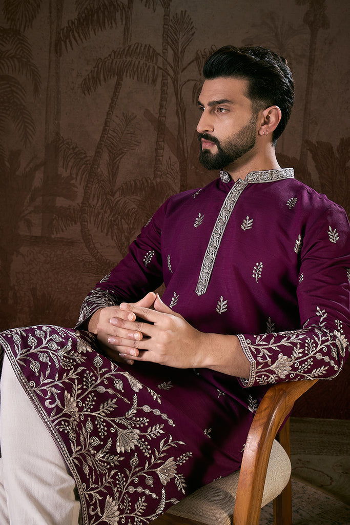 Purple Silk Blend Solid Embroidered Straight Kurta With Trouser MKSET1944