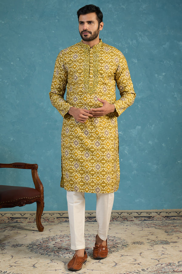 Green Silk Blend Ethnic Motifs Ikat Printed Kurta MKU1894