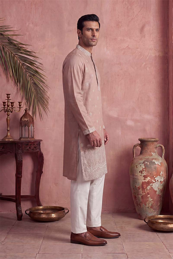 Pink Silk Blend Solid Embroidered Kurta With Trousers MKSET2173