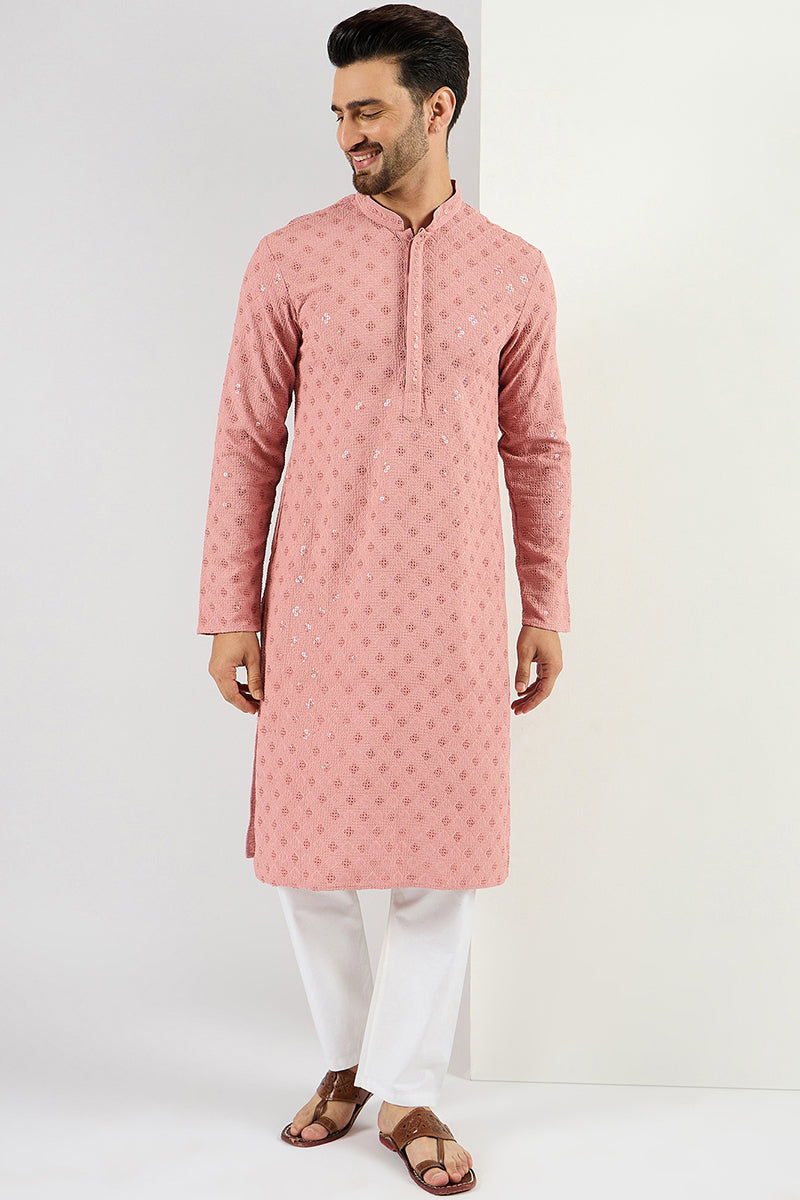 Ethnic Bay Pink Viscose Rayon Solid Embroidered Long Straight Kurta For Men MKU1060