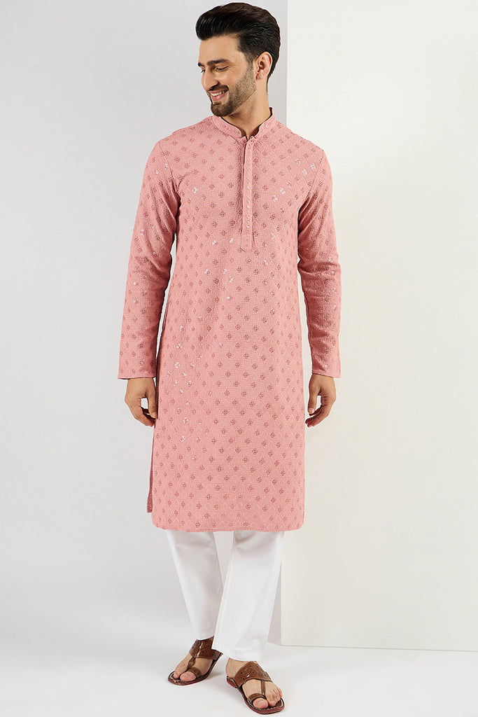 Ethnic Bay Pink Viscose Rayon Solid Embroidered Long Straight Kurta For Men MKU1060