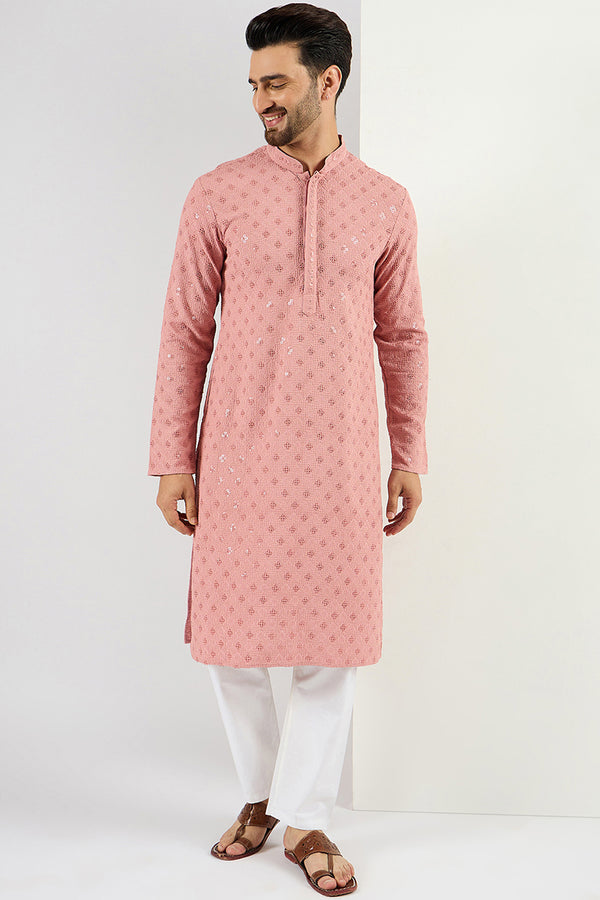 Ethnic Bay Pink Viscose Rayon Solid Embroidered Long Straight Kurta For Men MKU1060