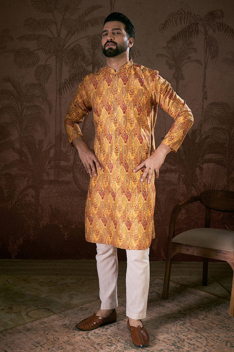 Mustard Silk Blend Ethnic Motifs Printed Straight Kurta With Trouser MKSET1925