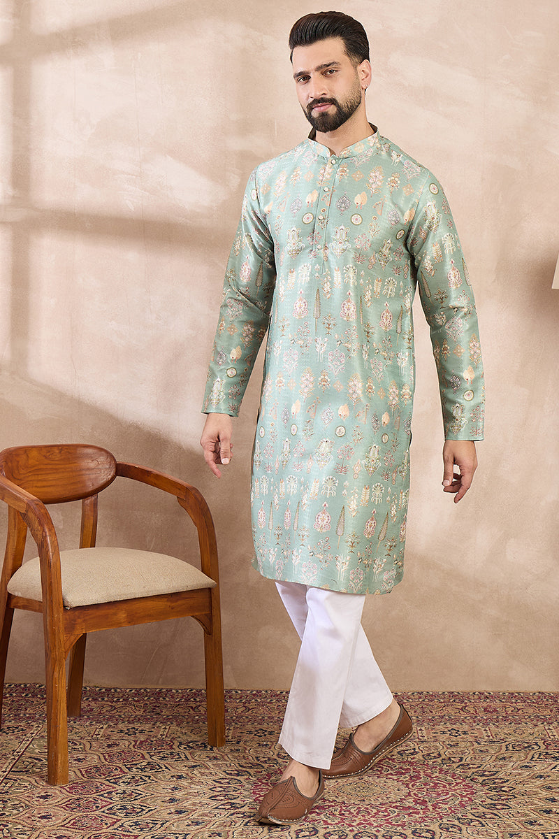Green Silk Blend Floral Printed Straight Kurta With Trouser MKSET2011