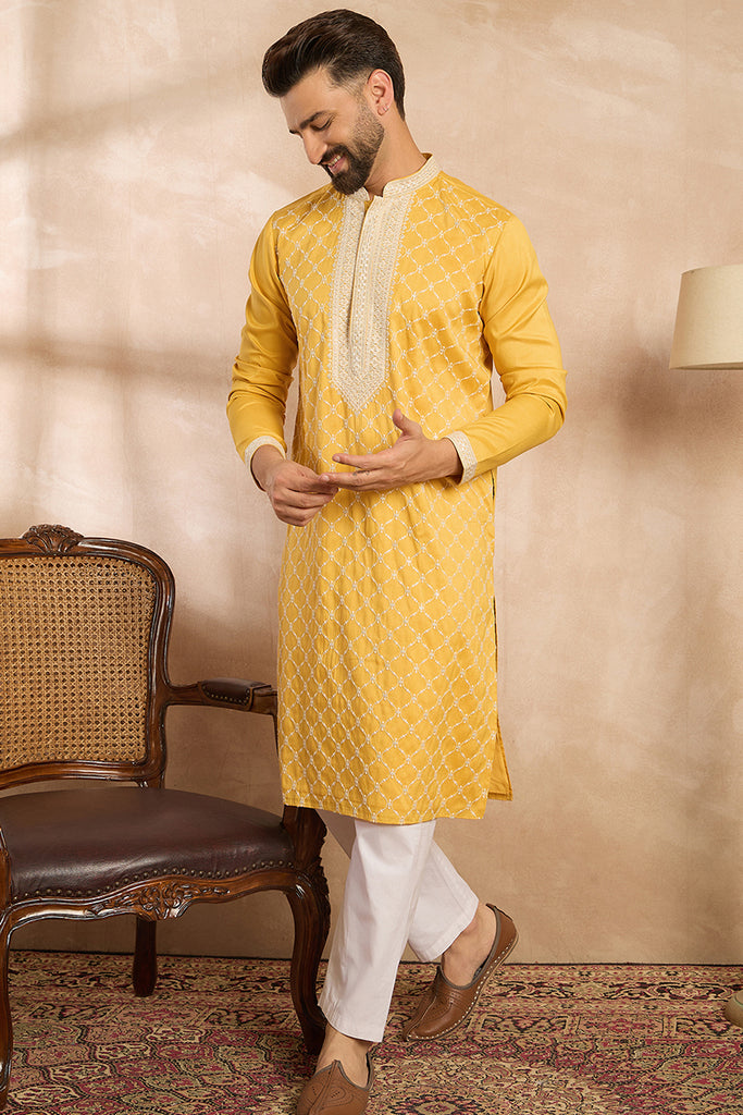 Yellow Silk Blend Solid Embroidered Straight Kurta With Trouser MKSET1691