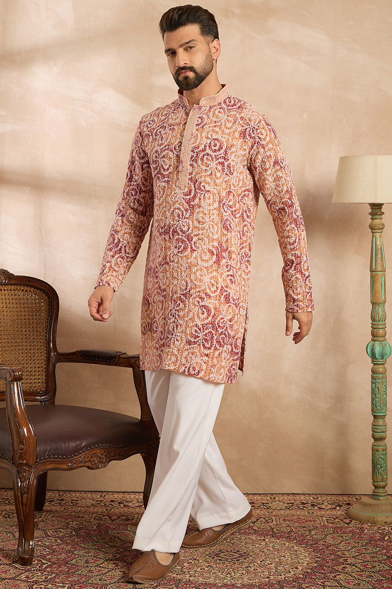 Orange Viscose Rayon Batik Embroidered Straight Kurta With Trouser MKSET1719