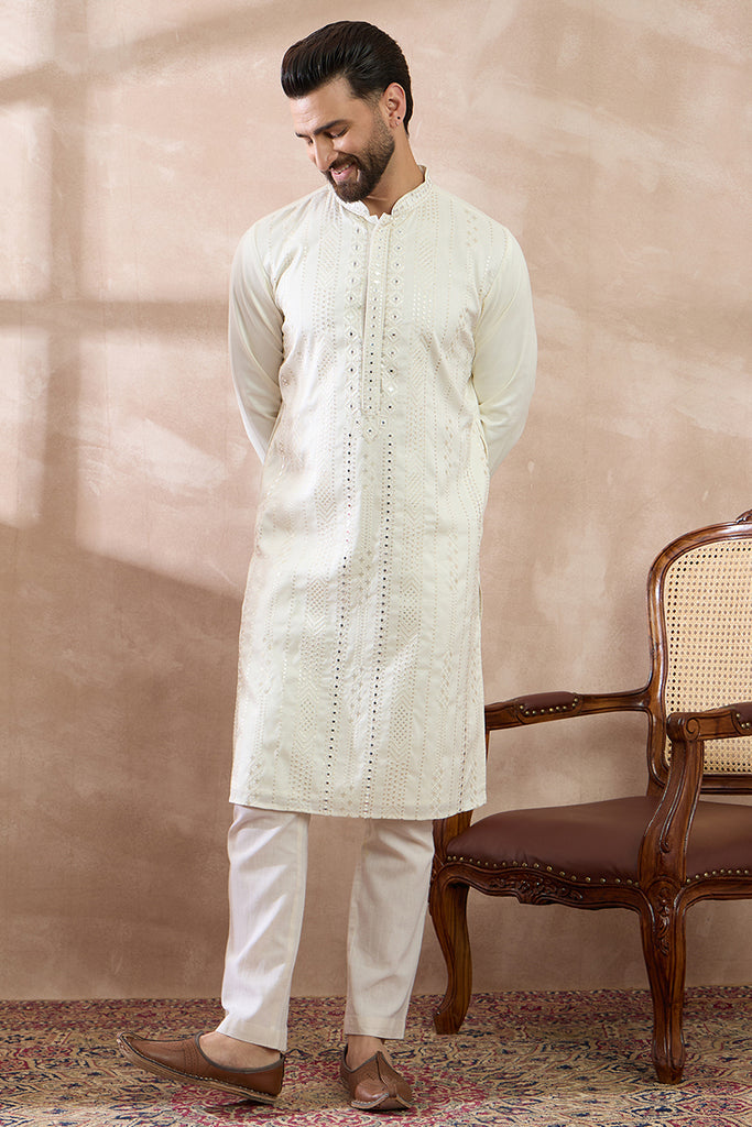 White Silk Blend Embroidered Mandarin Collar Straight Kurta With Trouser MKSET1891