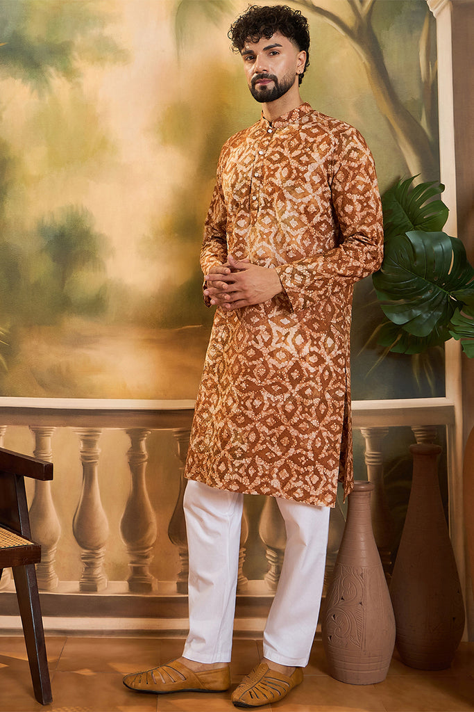 Brown Pure Cotton Batik Embroidered Straight Kurta with Trouser MKSET1461