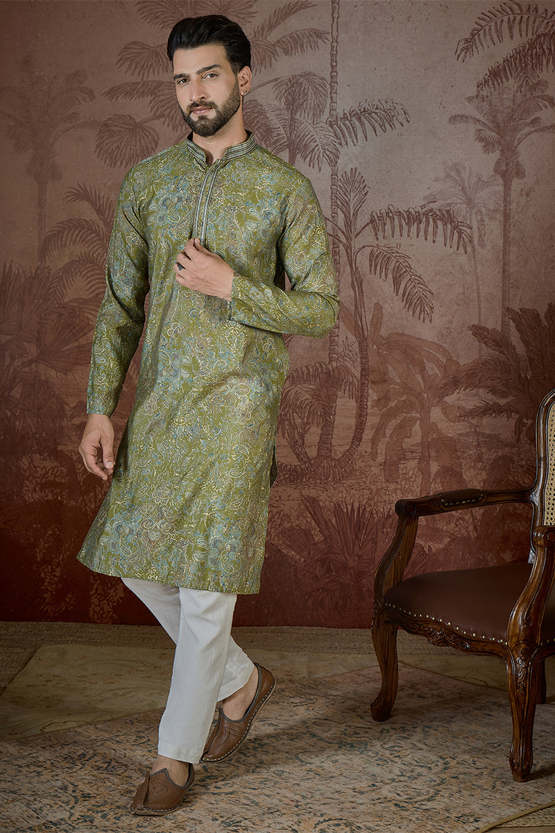 Green Silk Blend Ethnic Motifs Embroidered Kurta With Trouser MKSET2503