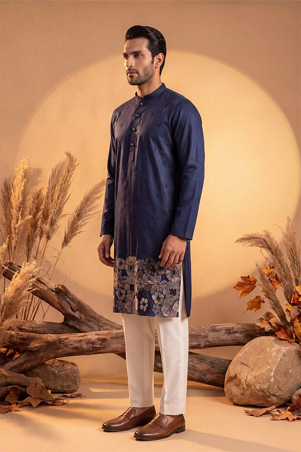 Blue Silk Blend Solid Embroidered Kurta With Trousers MKSET2065