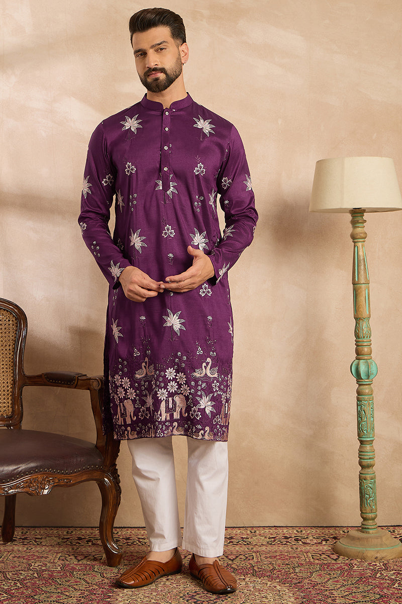 Purple Polyester Solid Embroidered Straight Kurta With Trouser MKSET1834