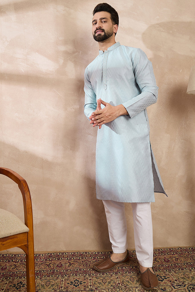 Blue Silk Blend Solid Woven Design Straight Kurta With Trouser MKSET1899