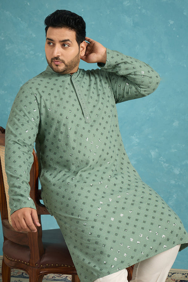 Green Viscose Rayon Solid Chikankari Embroidered Kurta MKU1050