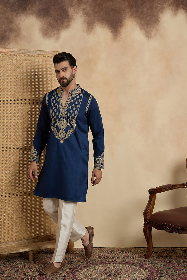 Blue Silk Blend Solid Embroidered Kurta With Trouser MKSET2448